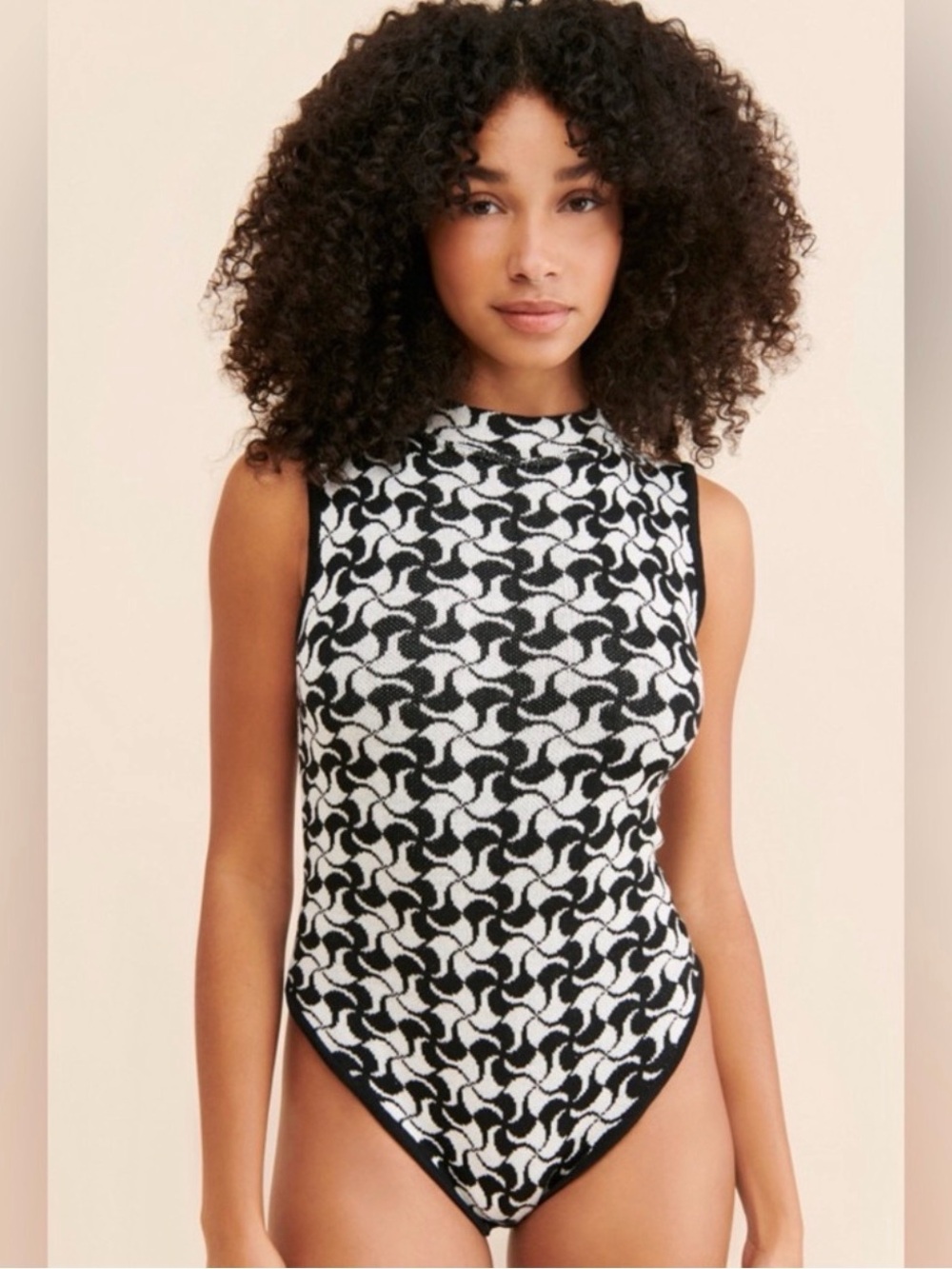 Pastiche Uruguay XL Black White Geometric Knit Bodysuit Mock Neck